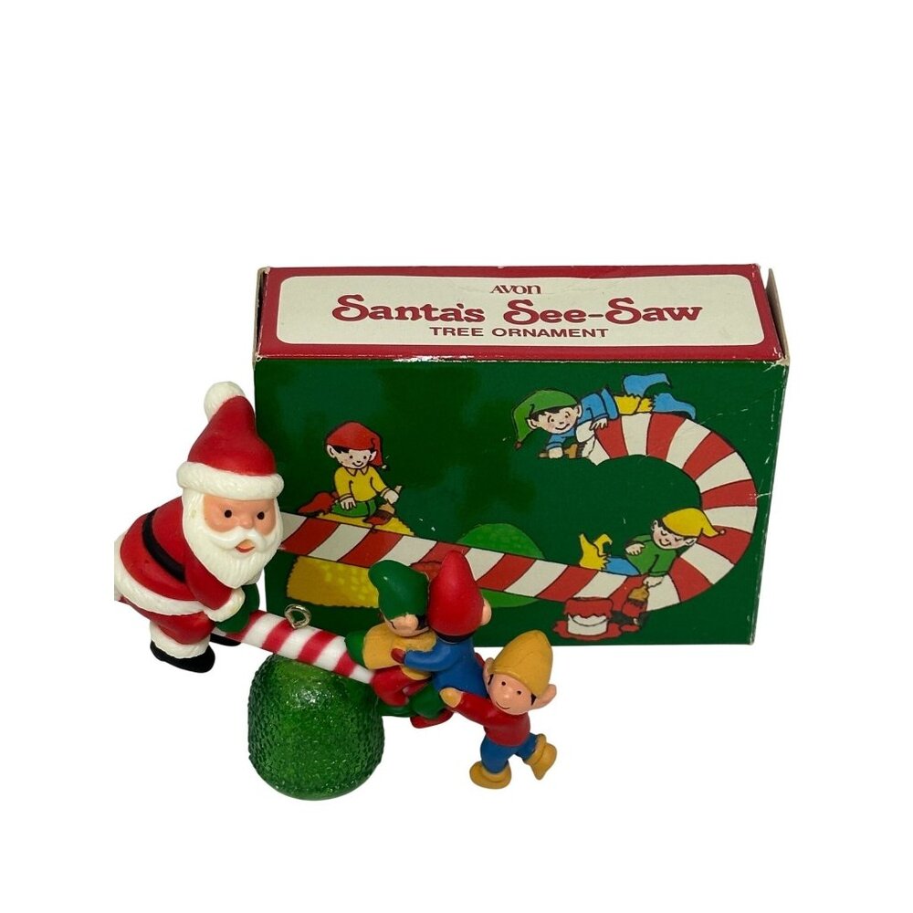 Vintage 80s Avon Santa See Saw Ornament Elves Gumdrop Candy Cane Christmas w/Box